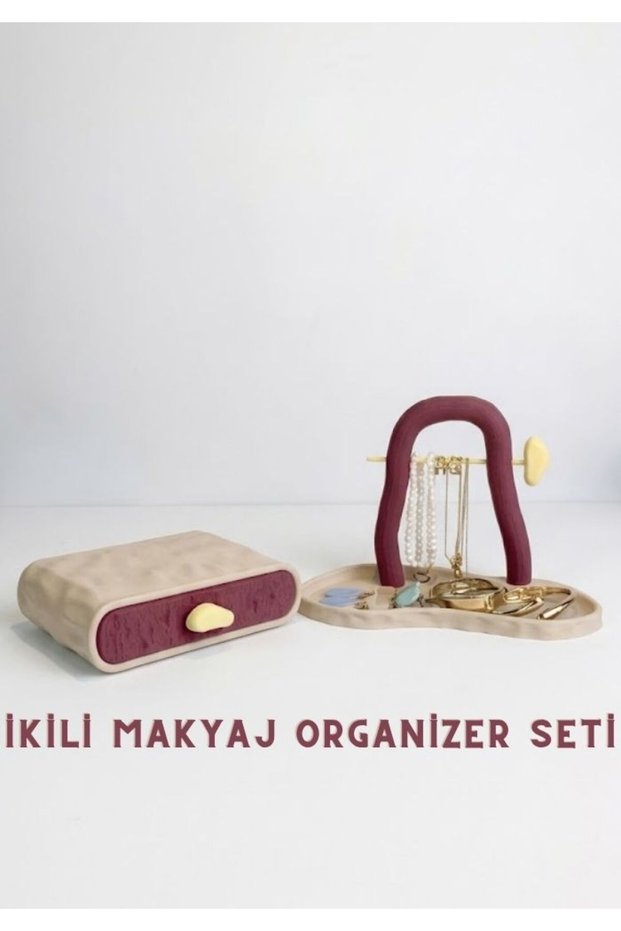 Decorative 2-Piece Jewelry Organizer Set - Jewelry Box with Drawer and Necklace Stand Burgundy Beige