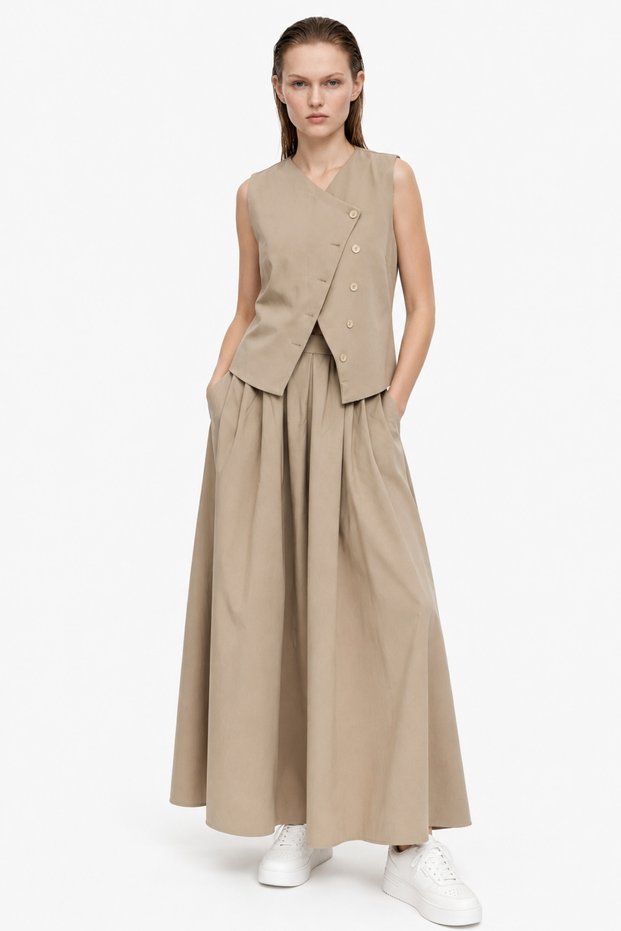Double-Breasted Collar Belted Vest and Skirt Set