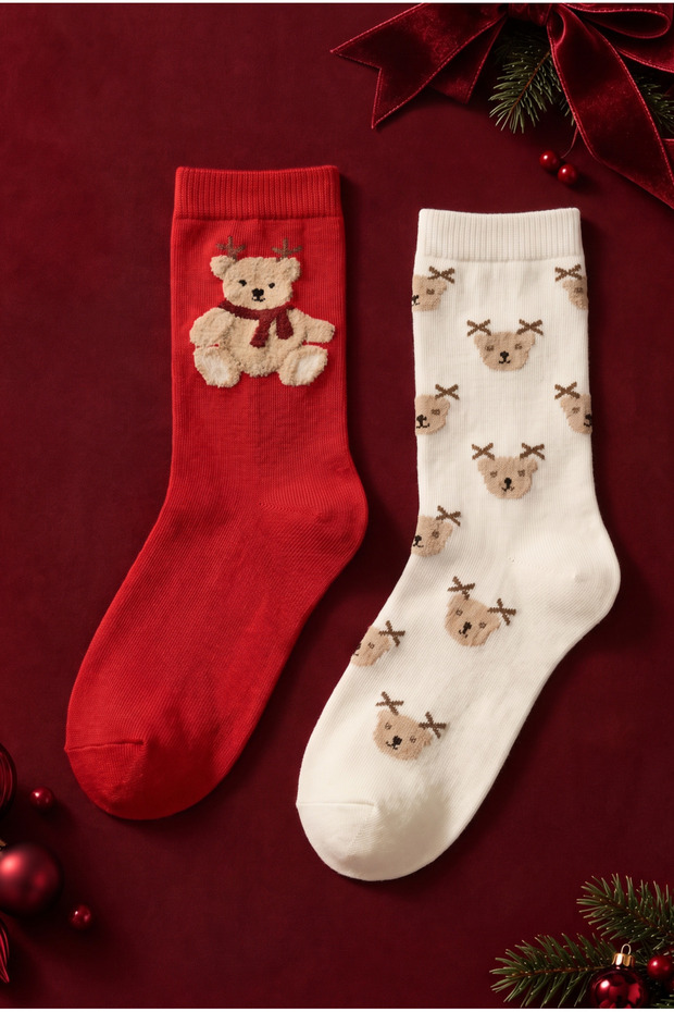 Women's 2-Pack Cotton Teddy-Print New Year's-Themed Ankle Socks, Ecru