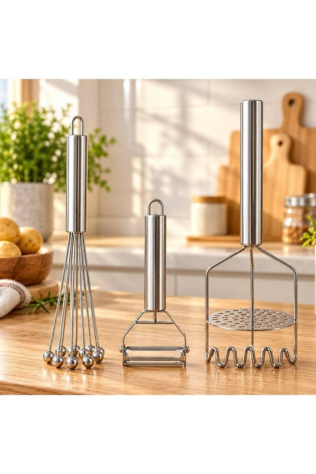 Stainless Steel Potato Masher Set 3-Piece Whisk Peeler Julienne Chopper Kitchen Utensil Set
