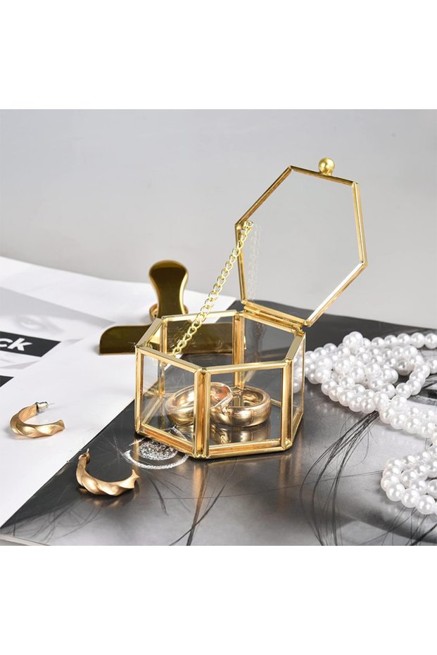 golden Hot Sale High-end Hexagonal Ring Box Gold And Jewelry Accessory Box Golden Glass Luxurious An