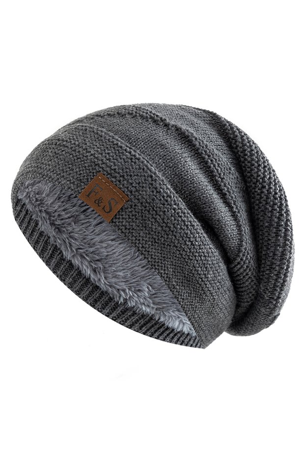 56cm-60cm Grey New Unisex Slouchy Winter Hats Add Fur Lined Men And Women Warm Beanie Cap Casual Lab