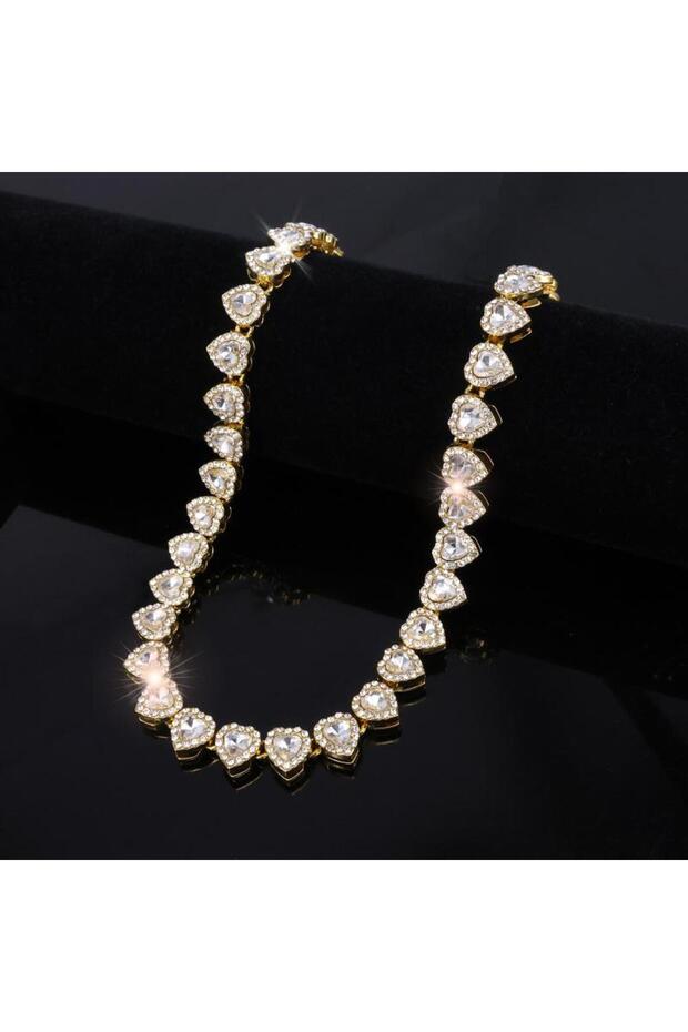 Gold Necklace 45cm 45CM New Hip Hop Tennis Chain Bracelet Necklace Shiny Heart Rhinestone CZ Fashion