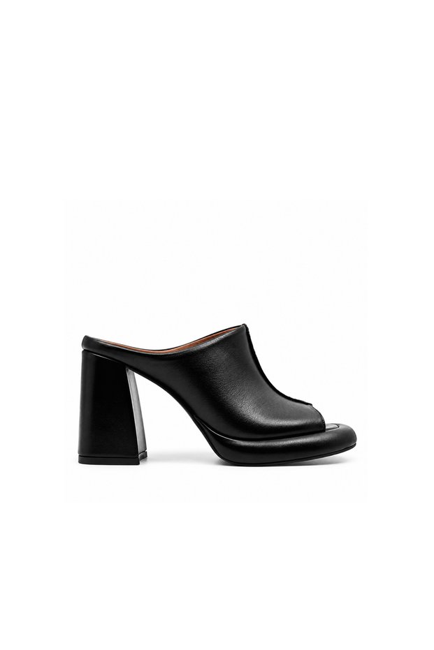 Black Leather Platform Heeled Slippers – 9 cm High Heels