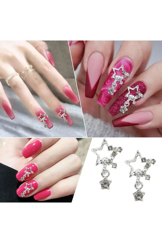 Sliver 10pc 10/20PCs Silver Star Nail Charms With Rhinestones Shiny 3D Alloy Heart Nail Jewelry Y2K