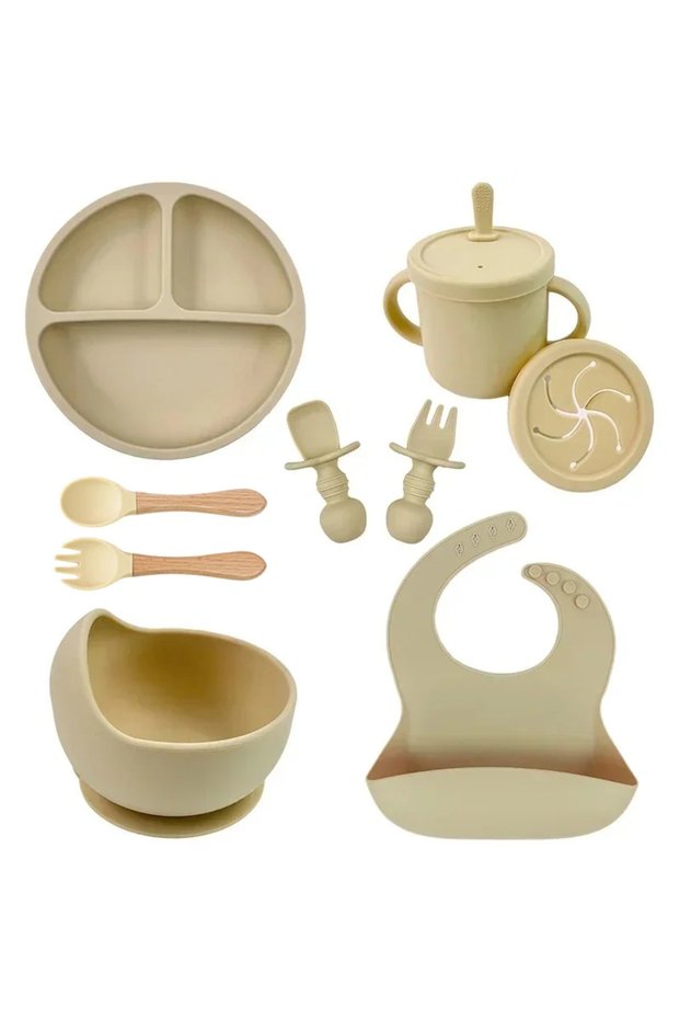 Beige 9PCS Set Food Grade Silicone Child Dish Set Baby Feeding Bowl Suction Plate Straw Cup Wooden S