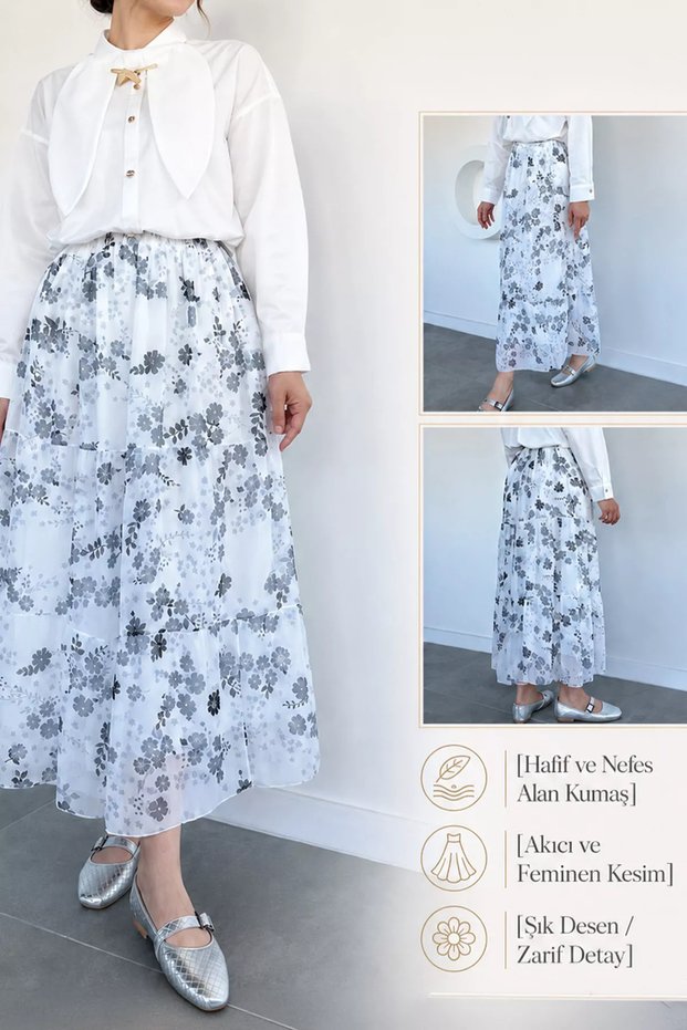 Patterned Chiffon Hijab Skirt with Elastic Waist