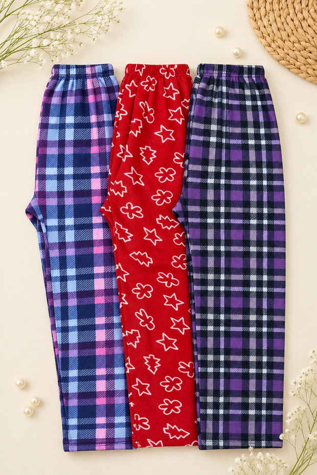 Women's winter soft fleece pajama bottoms - set of 3 - blue, purple plaid, and red patterned