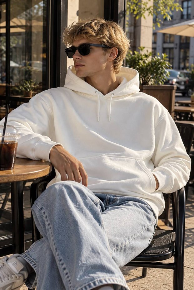 Standard Fit Cotton Soft Textured Basic Hooded Kangaroo Pocket Ecru White Sweatshirt