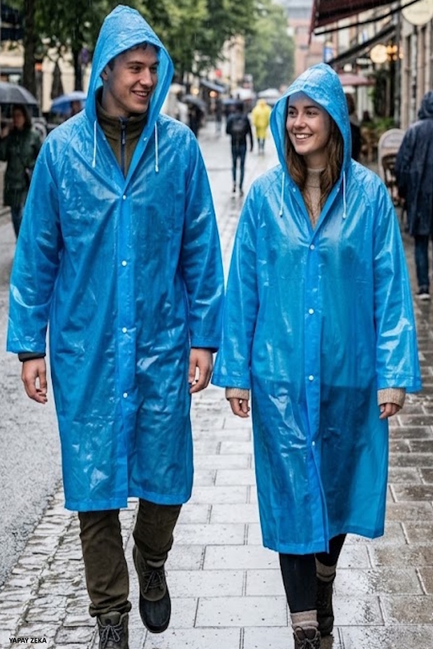 Blue Color Eva Fabric Hooded Women's and Men's Raincoat