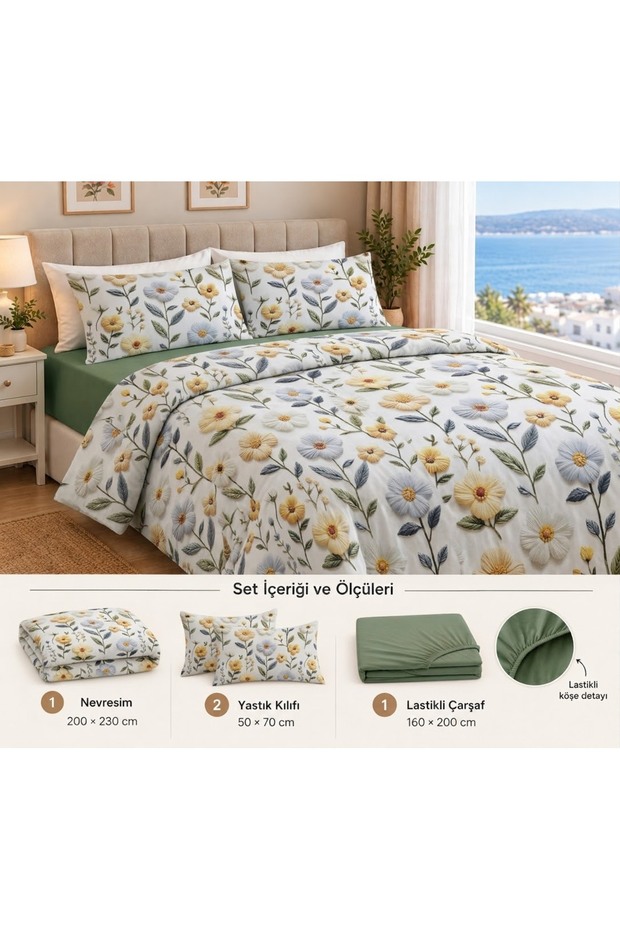 Yellow Daisy Flower Patterned Double Duvet Cover Set