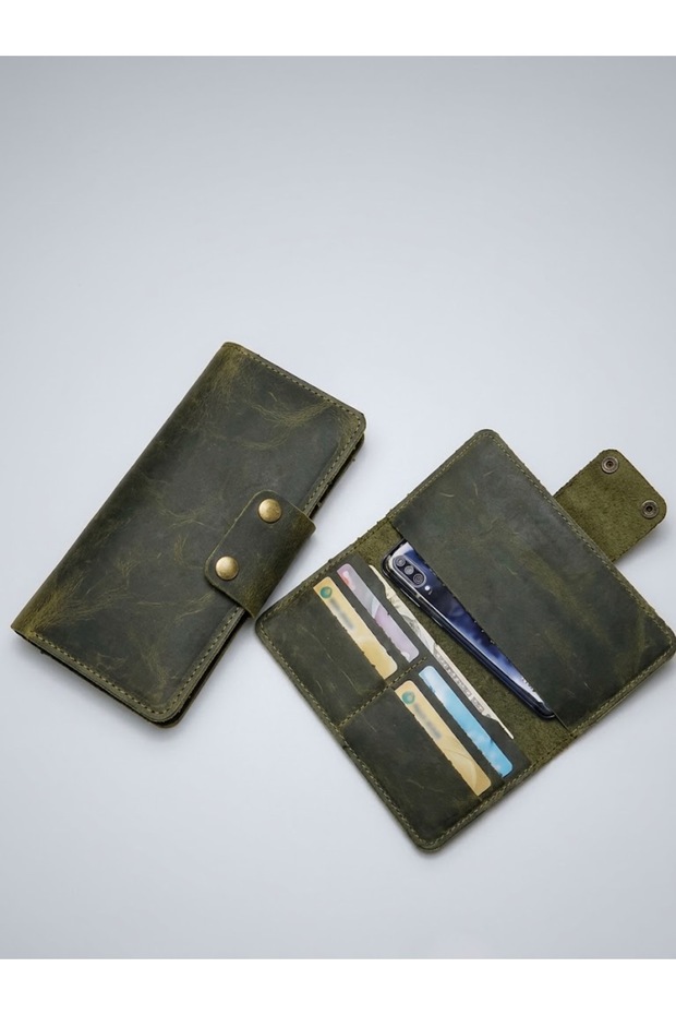 Genuine Leather Long Wallet with Phone Compartment and Snap Closure – Handmade Multifunctional Portfolio and Card Holder