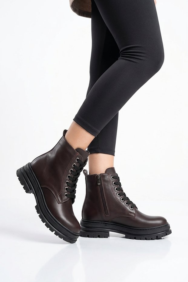Tones side zipper lace-up genuine leather women's boots - coffee brown