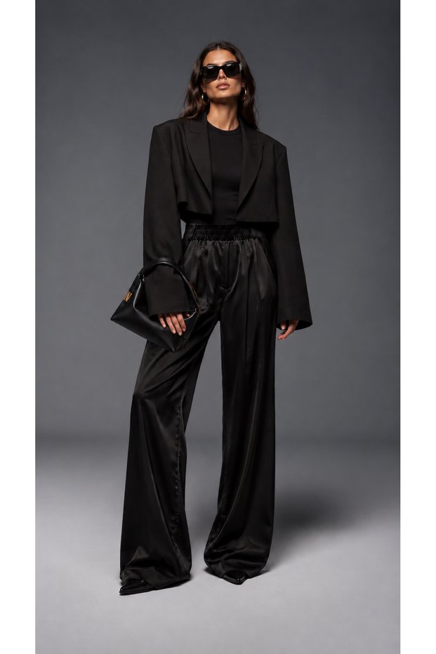 Women's Black Satin Palazzo Trousers – Velvet Waist Detail, Wide Legs
