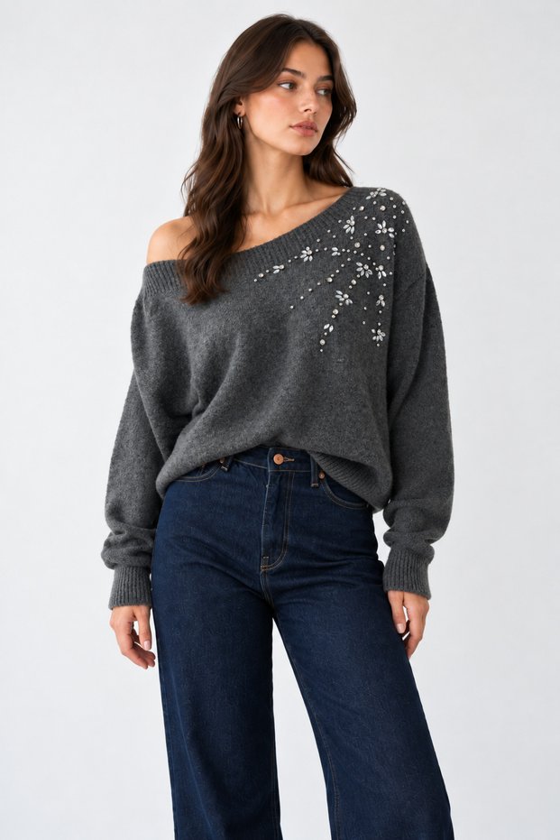 Women's Anthracite Boat Neck Embroidered Stone Detailed Sweater