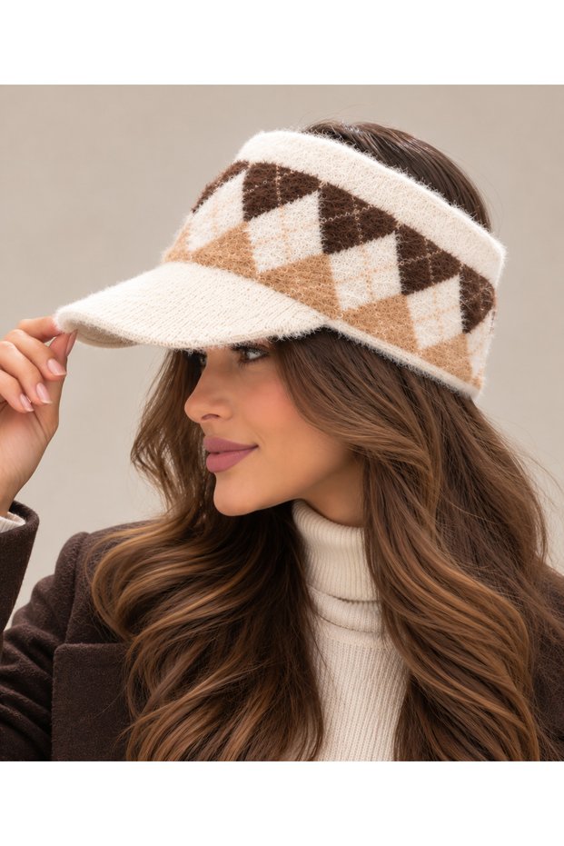 Winter Visor Mohair Knitwear Woven Argyle Pattern Hat