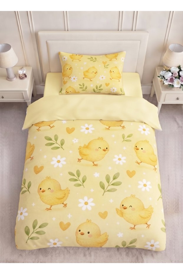 Bird Chick Patterned Colorful 3D Digital Printed Single Teenage Girl Child Duvet Cover Set Sleeping Set Children's Room