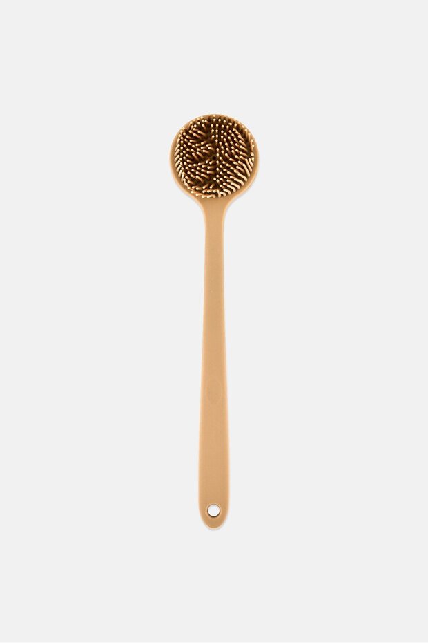 Silicone Body Scrubber For Shower With Long Handle, Tan