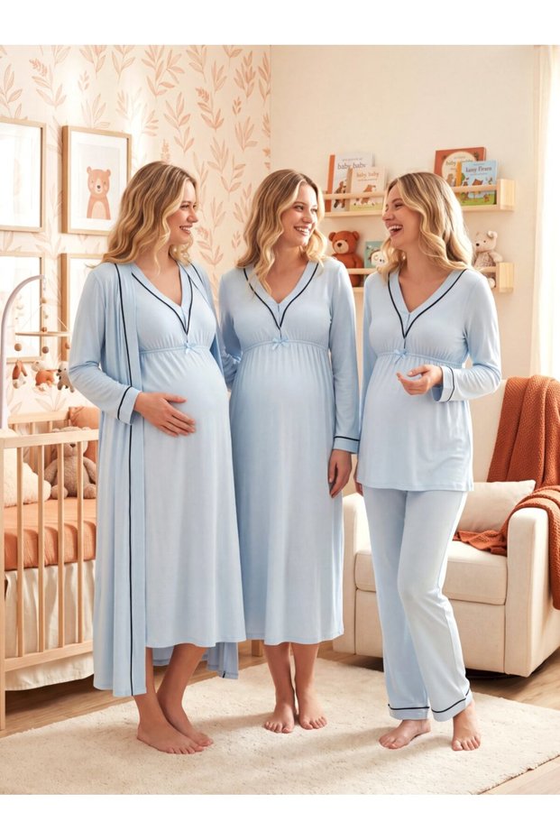 New Season Blue Ribbed Special Design Long Sleeve 100% Cotton Maternity Pajama Set with Breastfeeding Feature Nightgown Set