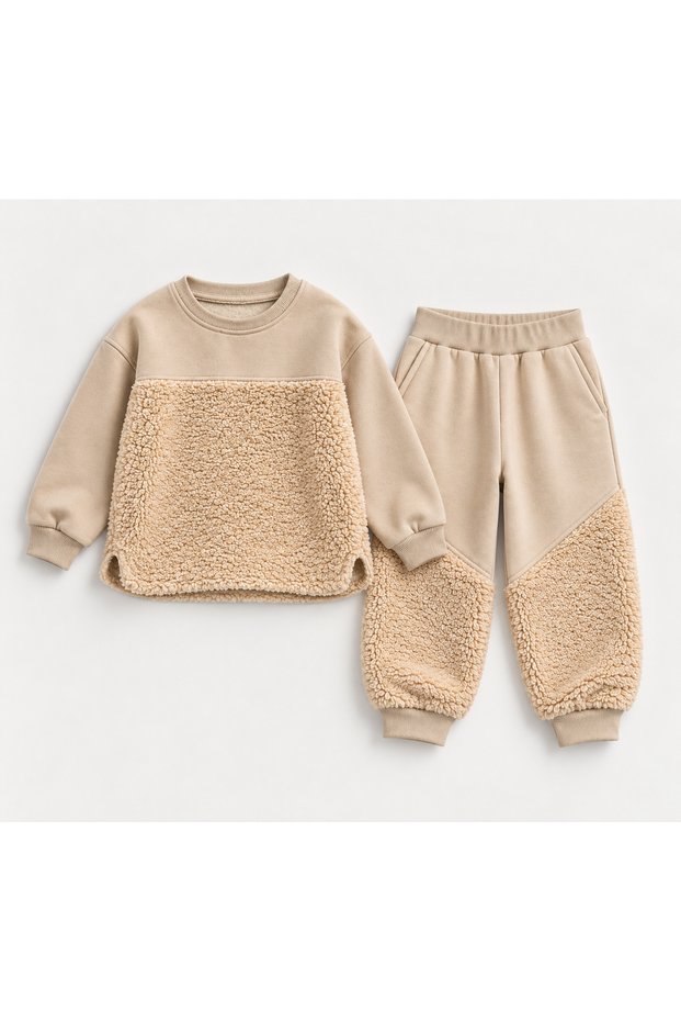 Teddy (Kuzu) Fabric Garnished Shardonlu Children's Tracksuit Set (3-9 Years)