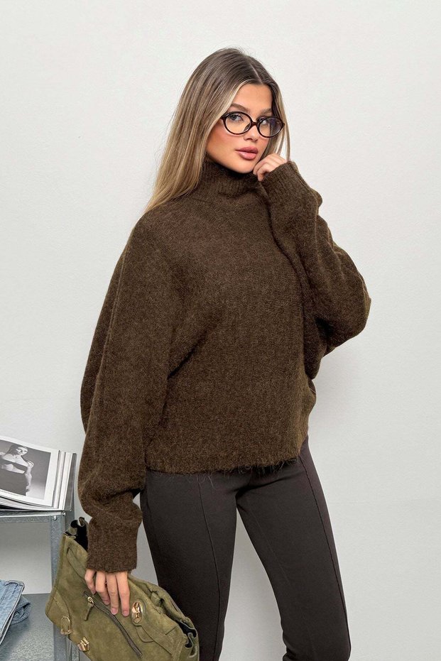 Women's Turtleneck Bat Sleeve Knitwear Sweater Brown - 27K 2687