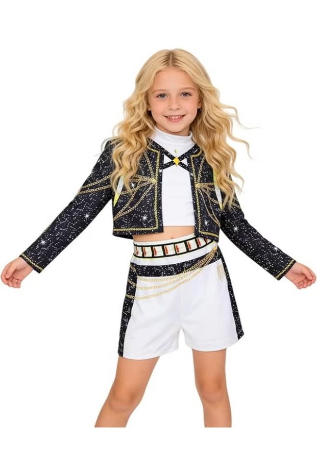 Pop Idol Cosplay Costume Popular Singers Stage Costumes for Ages 3-12 Black Printed Costumes