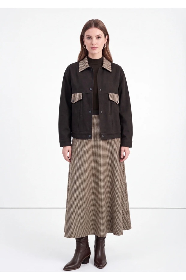 Wolf-Shoeled Pattern Detailed Shirt Collar Brown Skirt Set 2041