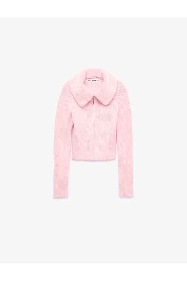 Faux Fur Collar Long Sleeve Zippered Crop Knitwear Cardigan