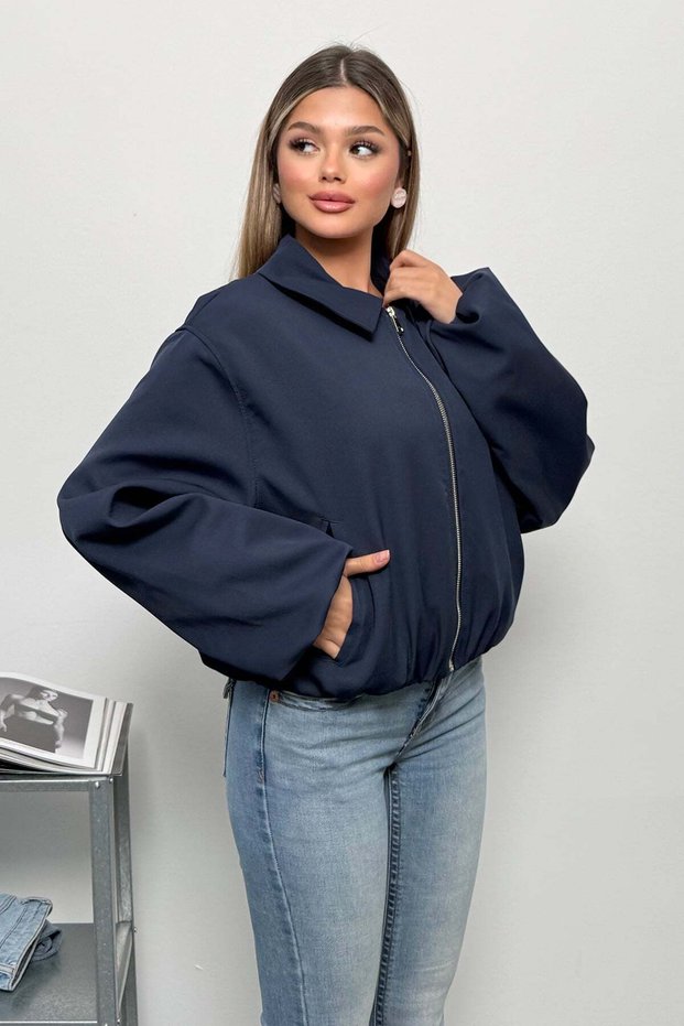 Women's Shirt Collar Zippered Double Pocket Jacket Navy Blue - 27K 506