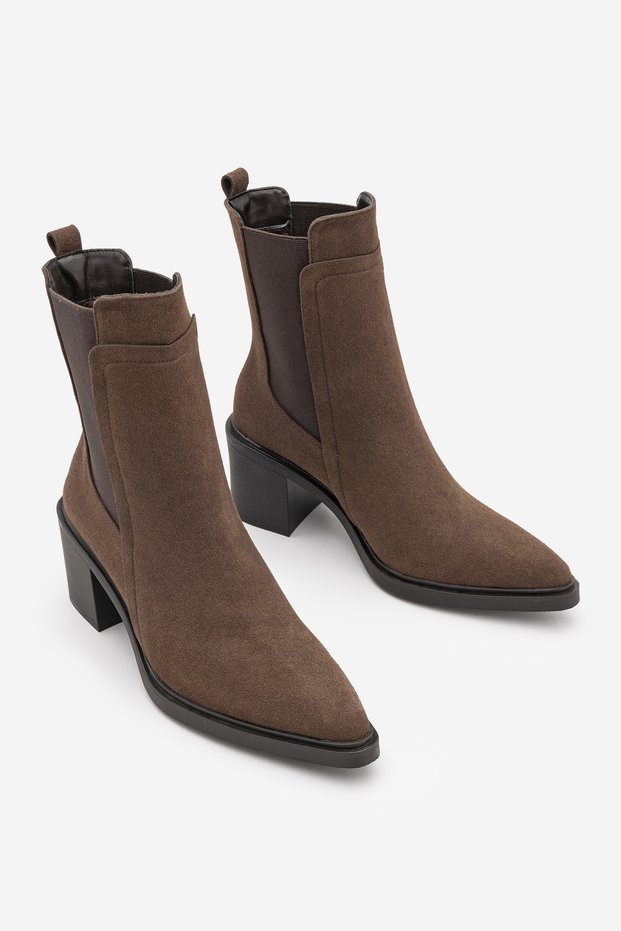Women's Double Elastic Chelsea Heeled Boots Pisar Brown Suede