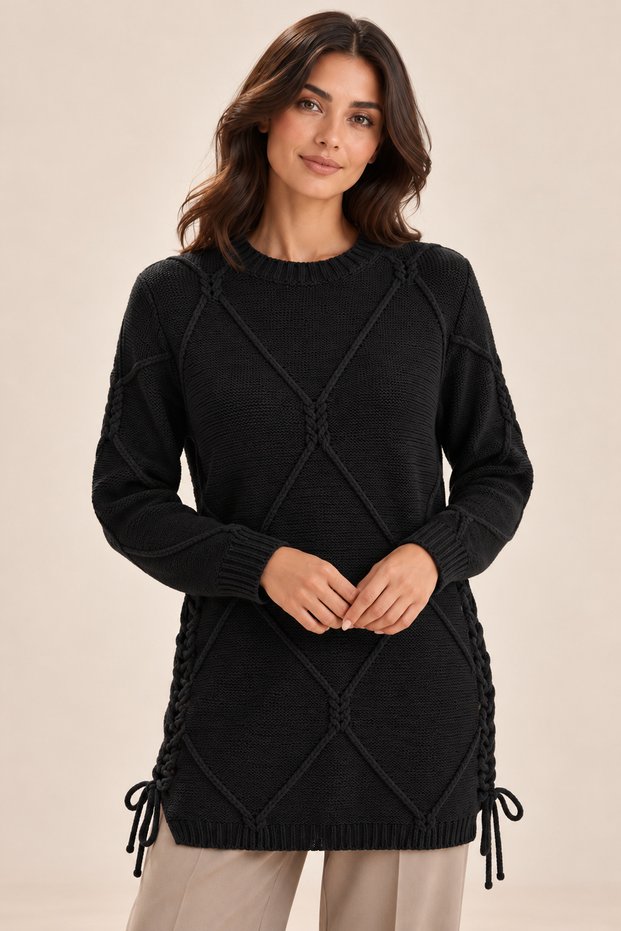 Women's Long Sleeve Round Neck Lace-Up Side Knit Patterned Knitwear Tunic - Modern Islamic Fashion and Winter Elegance