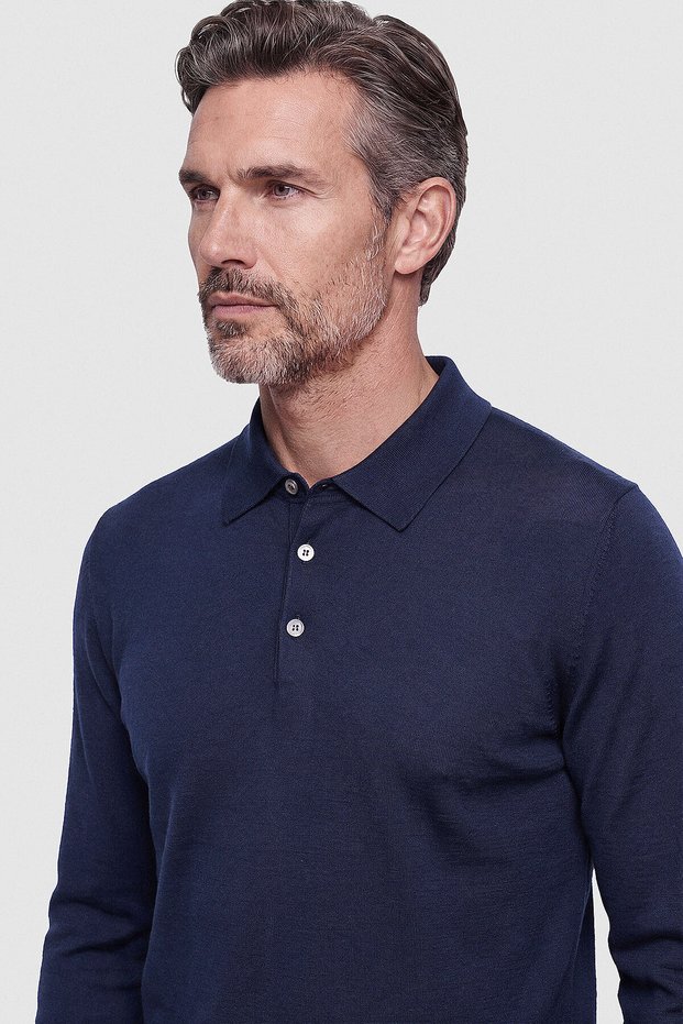 Navy Blue Polo Collar Long Sleeve Men's Knitwear
