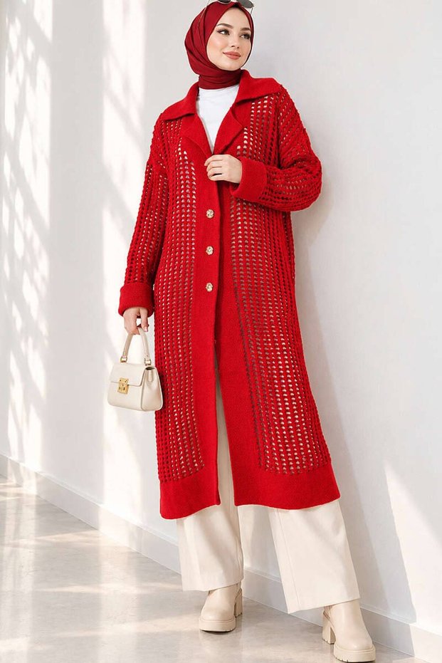 Openwork Long Knitwear Women's Cardigan