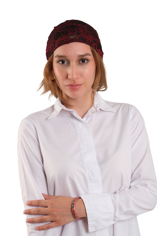 Burgundy Lace Bowknot Practical Bonnet with Embossed Textured Jacquard Pattern 2420_16