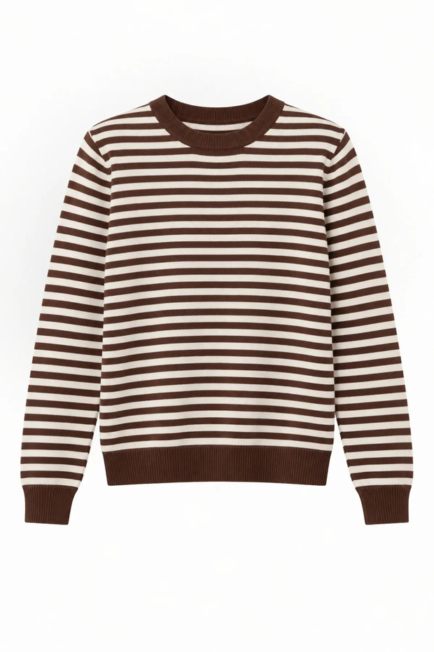 Women's Knitwear Ecru Brown Striped Crew Neck Soft Textured Sweater
