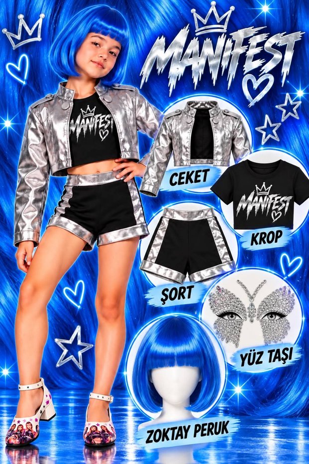 Manifest Zoktay Costume - Leather Jacket - Shorts - Crop T-Shirt - Zoktay Blue Wig + Face Stone Set Birthday Party Wedding Girl's Jacket