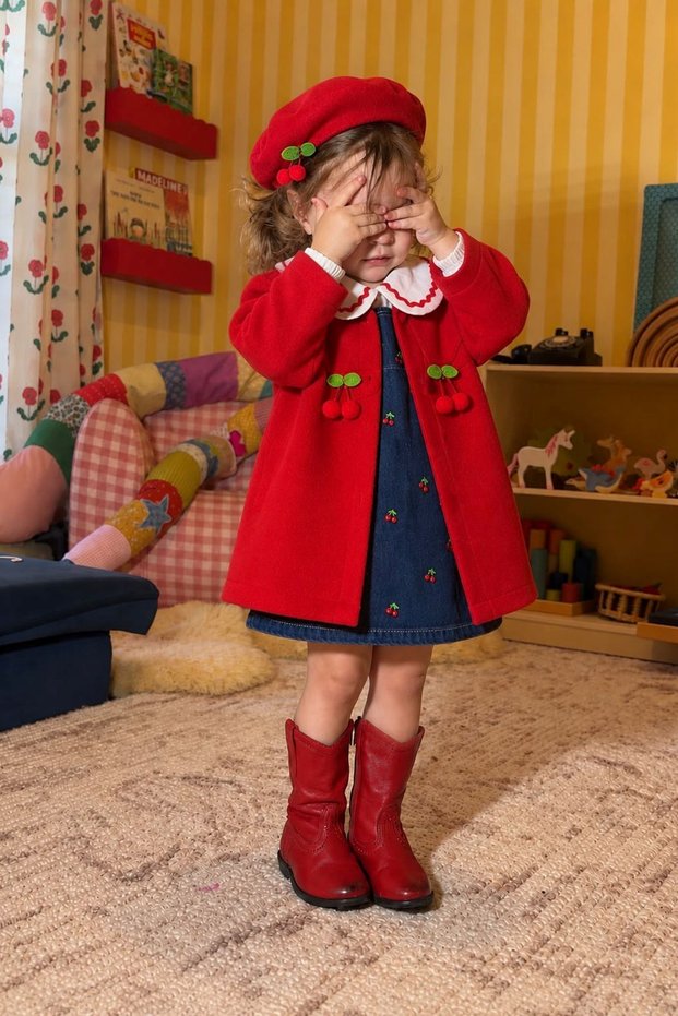 Cherry Embroidered Denim Gilet Dress, Red Jacket, Beret, Girl's 4-Piece Set - Red
