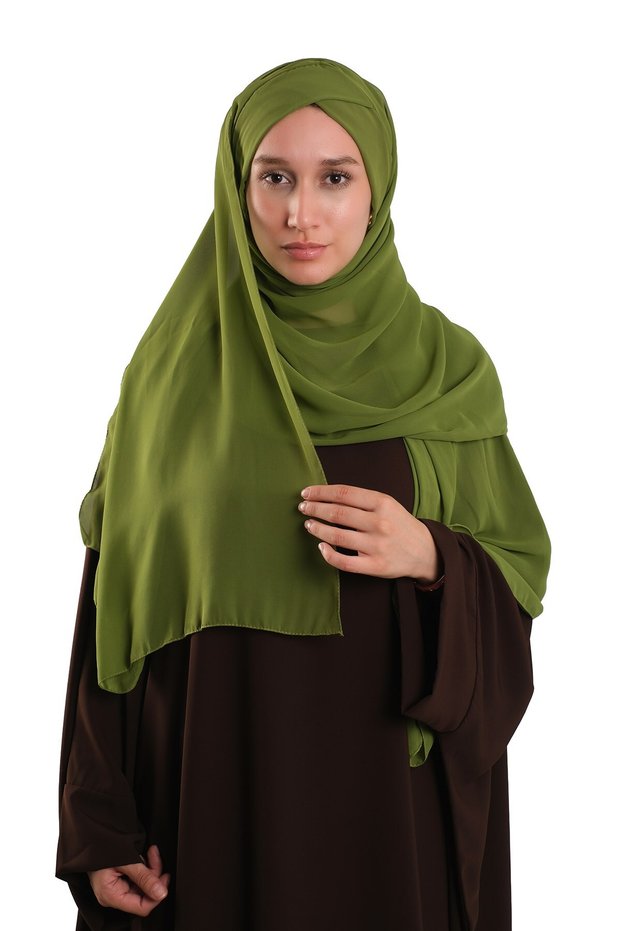 Oil Green Practical Ready-To-Wear Bonnet Shawl Chiffon Self-Boned Single Band 1453_36