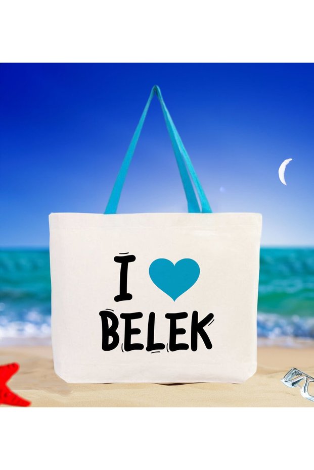 I Love Belek Turquoise Colored Handle Canvas Beach Bag 48X40M, Printed Shoulder Bag