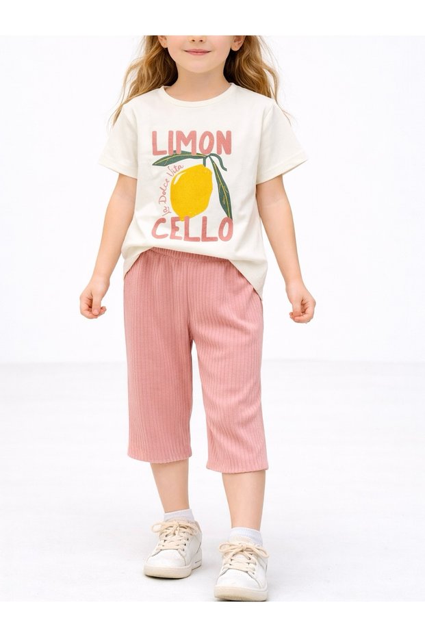 Lemon Printed Girls' Short Sleeve Set - 02346 - White & Powder