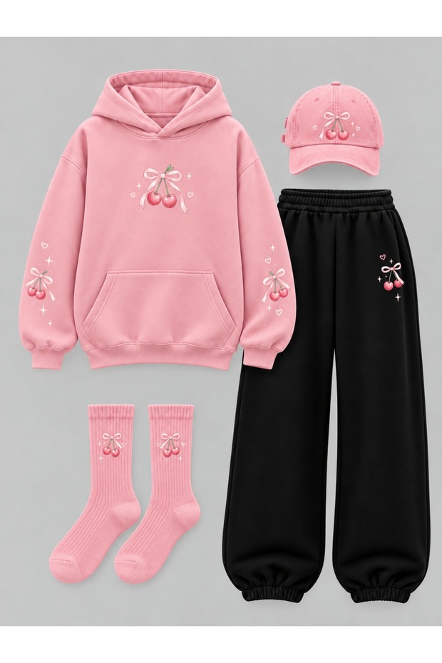 Women's Cherry Printed Pink 4-Piece Oversize Hooded Sweatshirt Set Hat Socks Tracksuit