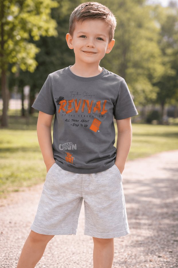 Revival Text Printed Boys' Shorts Set - 183 - Gray