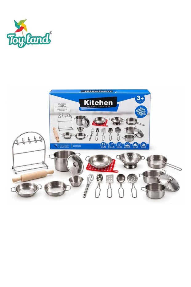 Kids Stainless Steel Kitchen Play Set with Cooking Pots, Pans, Lids, Utensils and Storage Rack, Pretend Play Cookware Set, Mini Chef Role Play Kitchen Accessories, Educational Toy, Ages 3+