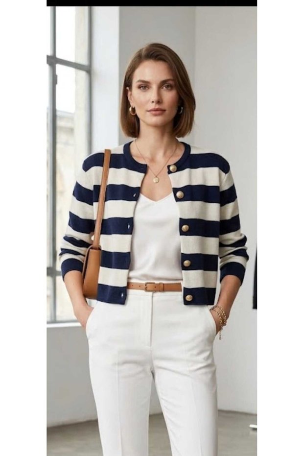 Gold button detailed navy blue and white striped a quality cardigan standard size (36-42)