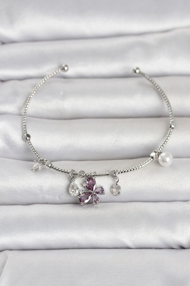 Brass Silver Color Purple Butterfly Detailed Charm Women's Bracelet