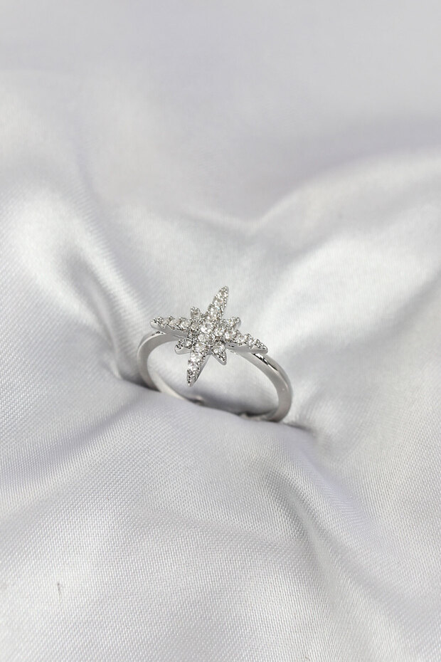Brass Silver Color Pole Star Model Zircon Stone Women's Ring