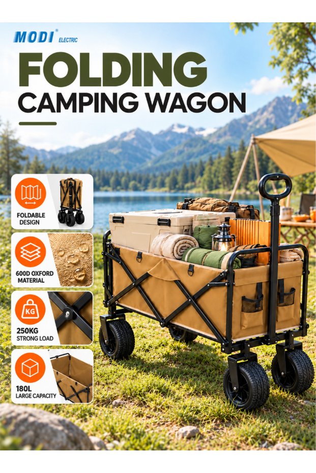Folding Camping Wagon 180L, 250KG Heavy Duty Collapsible Trolley Cart with Push Pull Handle, All-Terrain Wheels, 600D Oxford Fabric, Foldable Utility Beach Wagon for Camping, Garden & Outdoor