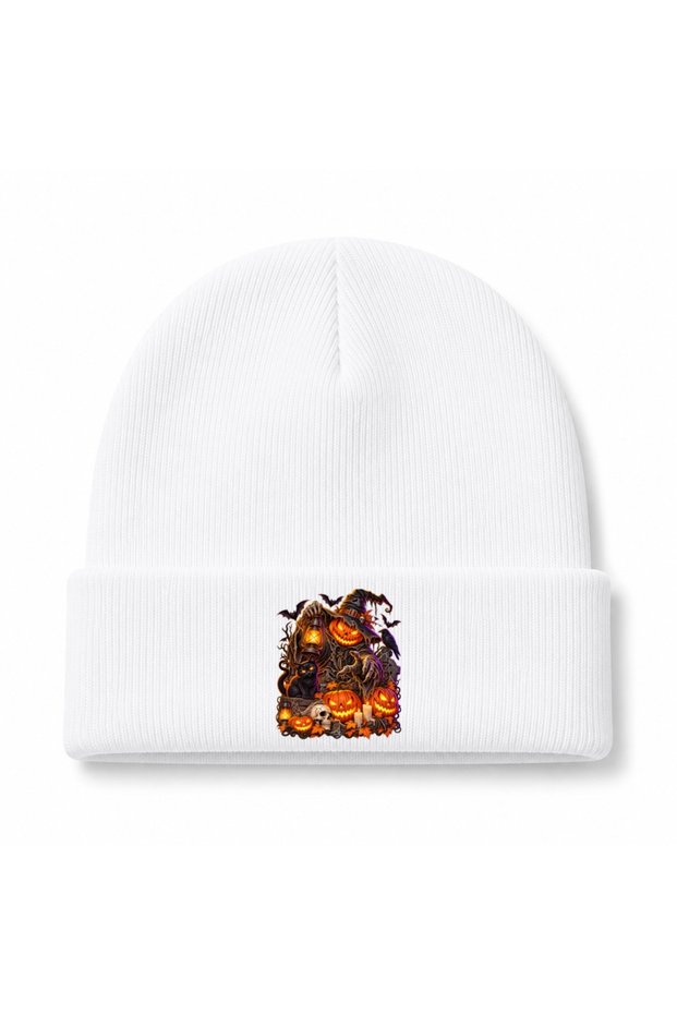 Haunted Pumpkin Reaper - Glowing Jack-O'-Lantern, Black Cat & Gothic Halloween Graphic Beanie