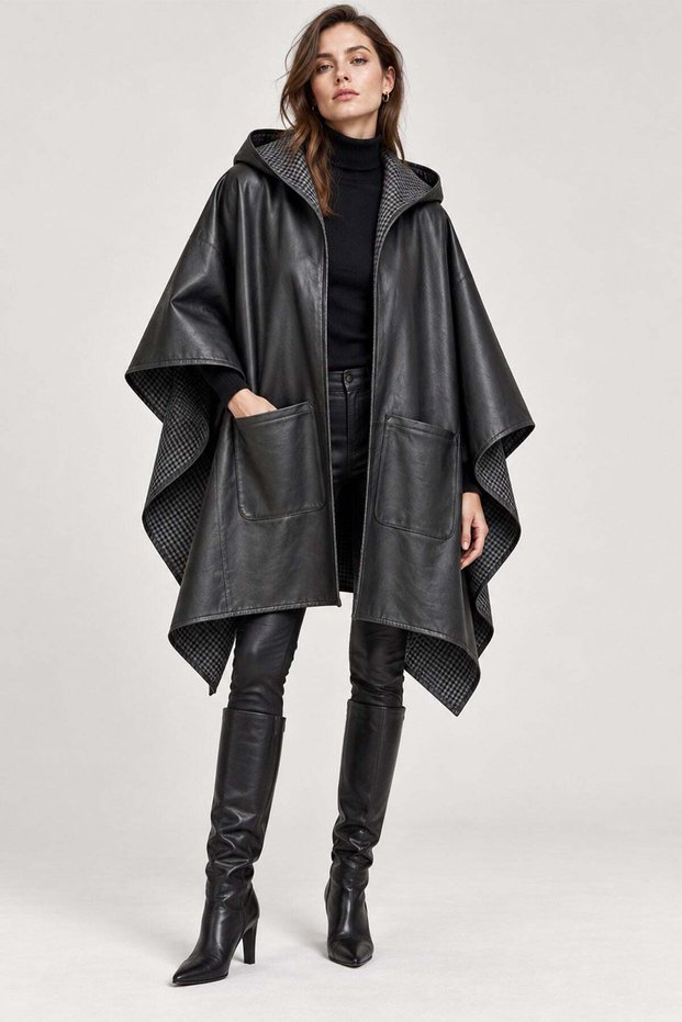 Women's Black Hooded Plaid Lined Asymmetrical Genuine Leather Cape