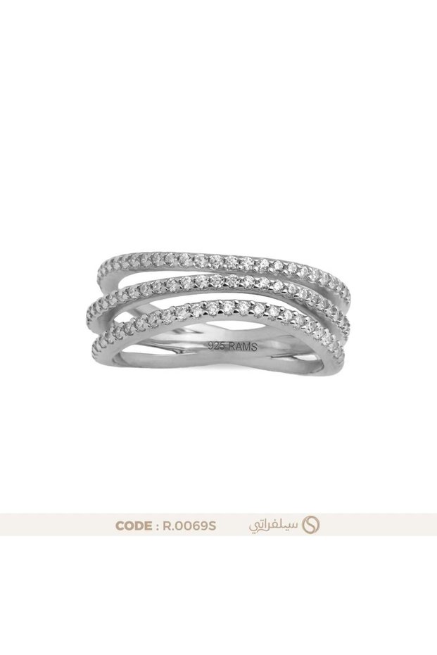 خاتم ثلاثي الصفوف متشابك فضة عيار 925 مرصع بالزركون مطلي روديوم